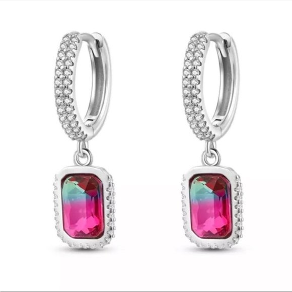 925 Sterling Silver Watermelon Ombre Cubic Zirconia Hoop Earrings - Picture 1 of 6